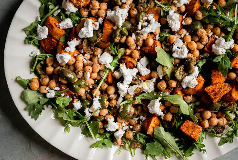 Roasted Sweet Potato Salad with Olive & Chickpea Dressing