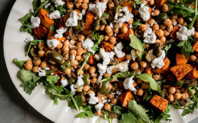 Roasted Sweet Potato Salad with Olive & Chickpea Dressing