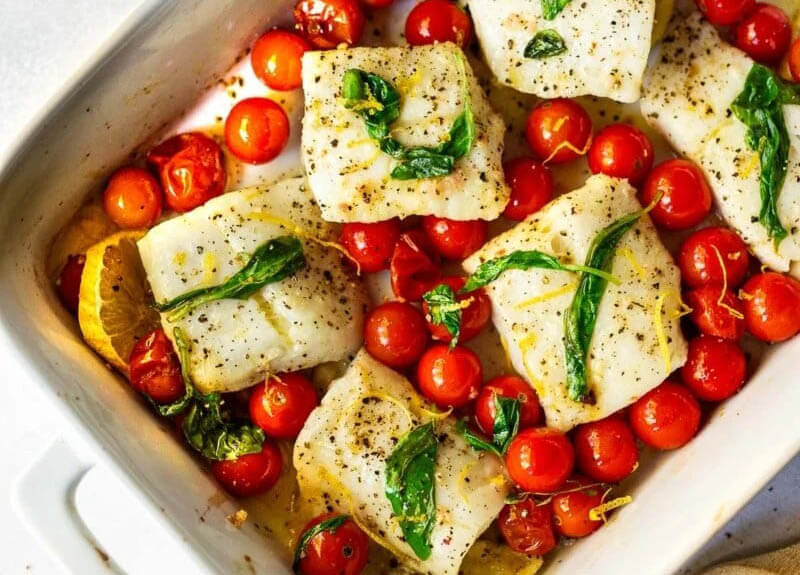 Baked Cod with Burst Cherry Tomatoes